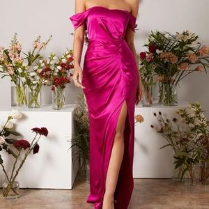 Hot Pink Satin off the shoulder long dress